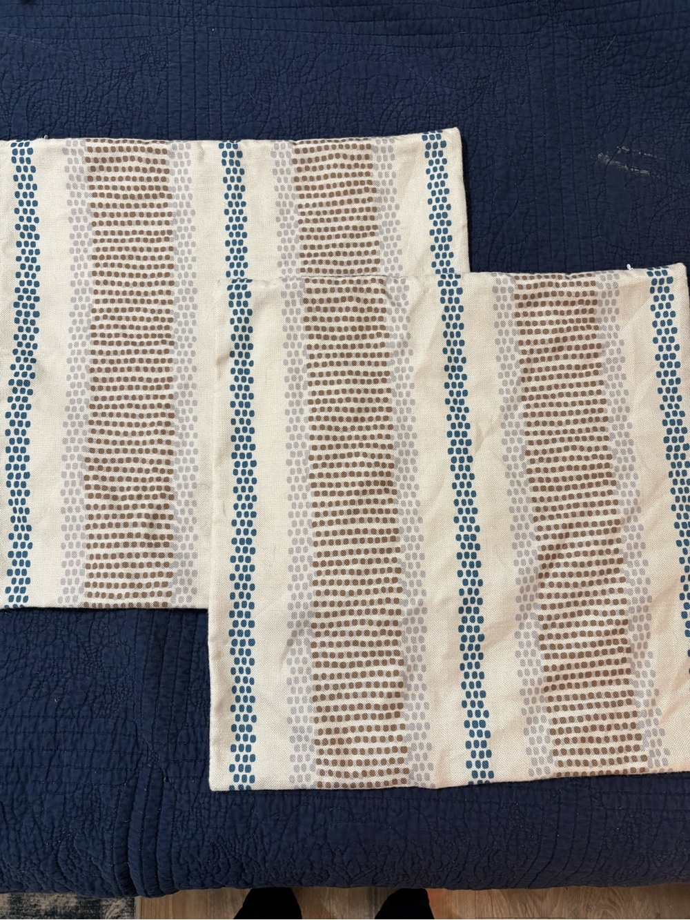 Striped Dot Pattern Pillow Covers in Cream, Taupe & Blue